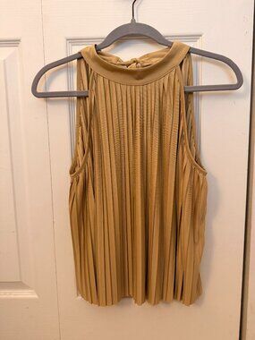 Mango Pleated High Neck Sleeveless Blouse Tie Back Keyhole Size S Gold